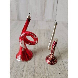 Vintage Mercury glass trumpet horn ornament red flowers set Xmas tree